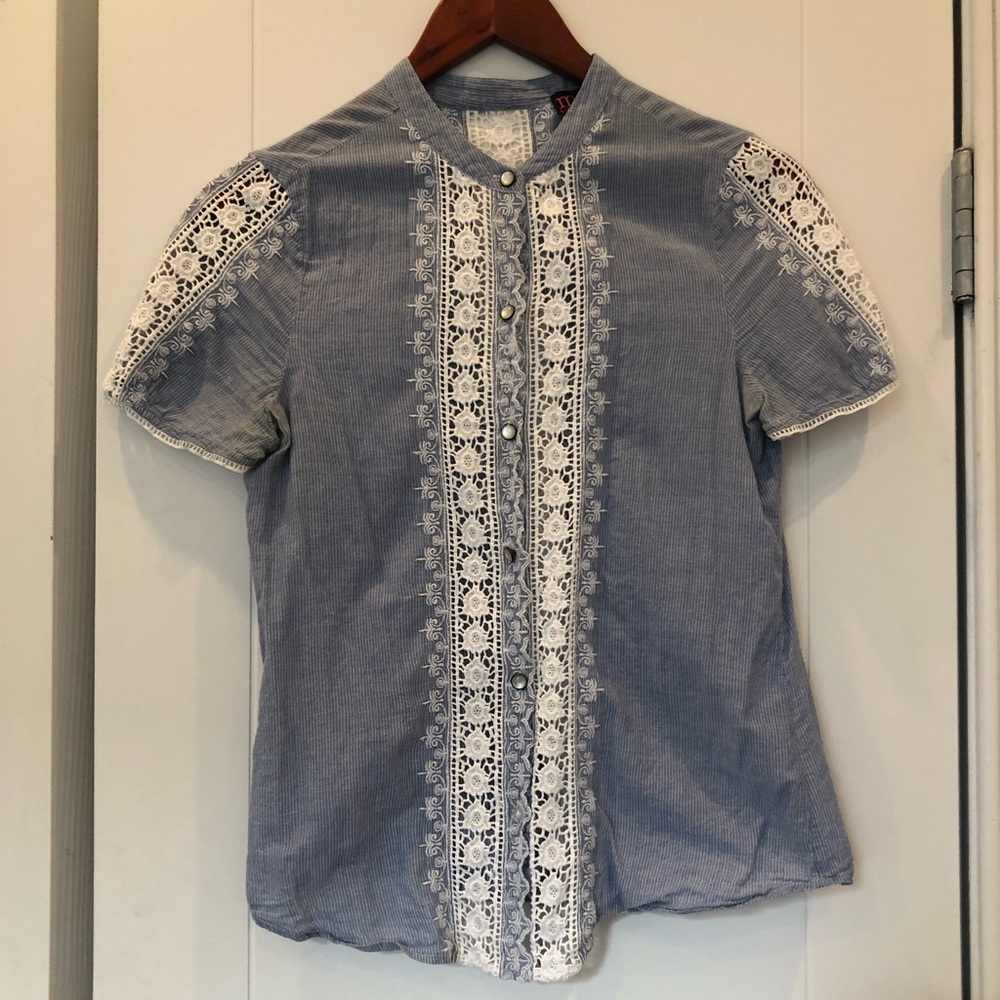 Anthropologie Blue and White Lace Blouse
